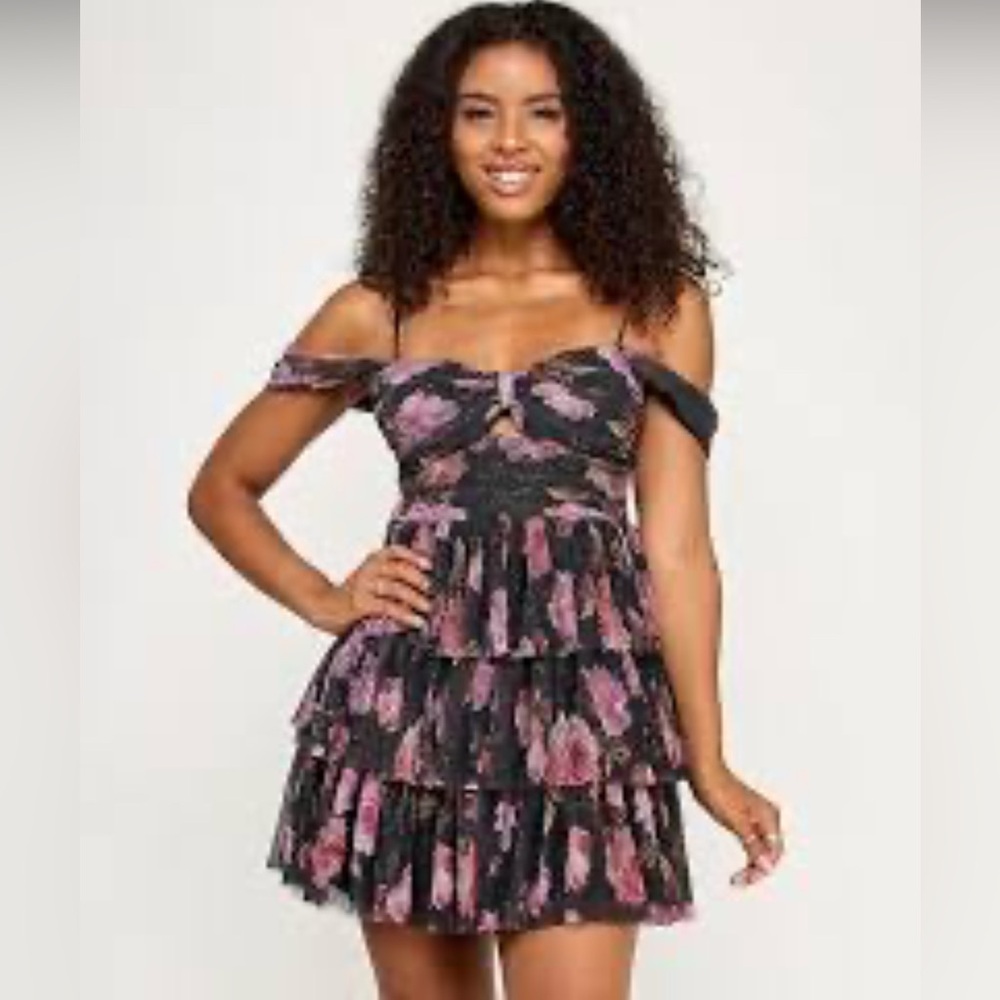 Emerald Sundae Black Mini Dress with Pink Floral Ruffles